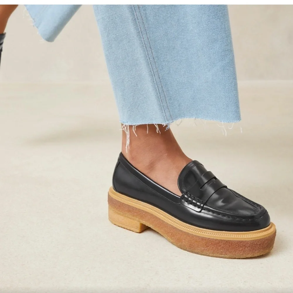 Loeffler Randall Sleek Black Loafers with Tan Platform Sole